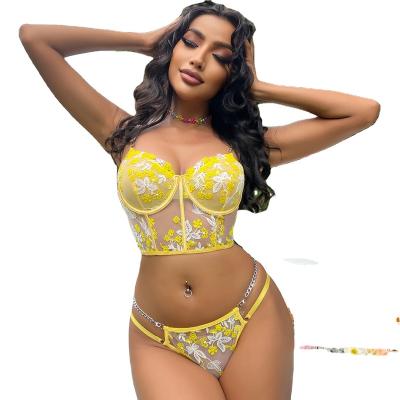 China 2022 seductive three-dimensional flower embroidery bandage new color contrast flower underwear lace chain stitch heavy industry fun suit for sale