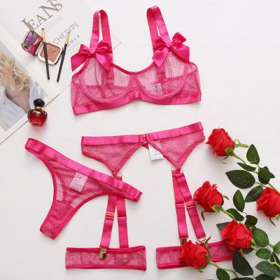 China 2022 new hot sale female three-piece border mesh softly undeBow-tie fluorescent breathable sexy transparent lingerie set for sale