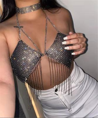 China New summer style waterproof inside the dance party thin backless suspender inside the European and American net rhinestone tassel vest for sale