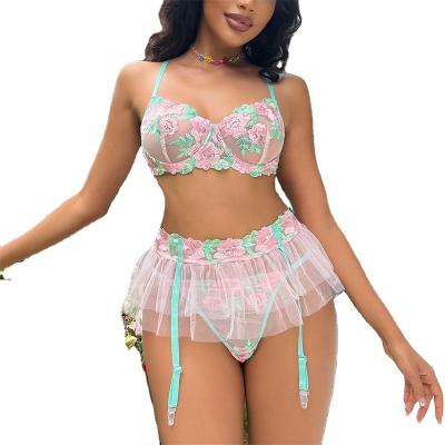 China Three-point type three-piece set Mesh Puffy Princess Dress Underwear flower embroidered lace contrast color new 2022 summer ladies sexy for sale