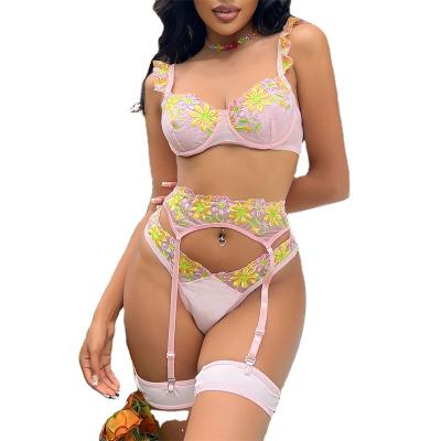 China Three-point type 2022 sexy thin leg Ring Sexy Three-Piece Set waist joint station new flower embroidery lace border independent underwear for sale