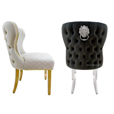 China Customized Button Tufted Tufted Velvet Lion Knocker Back Modern Luxury Design Stainless Steel Legs Dining Sets Of 6 Dining Chairs for sale