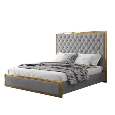 China ROOMGEM Gold SS Gray Velvet Button Queen Size Tufted Luxury Bed Frame Bedroom Furniture for sale