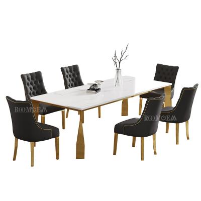 China Luxury Gold Base Stainless Steel Base White Marble Top Dining Table Set With 6 Seater Chairs For Home Events for sale