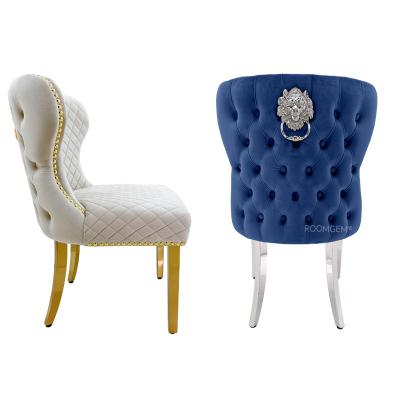 China Luxury European Modern Ring Knocker Velvet Ornate Back Button Adorned Dining Chairs With Gold Legs for sale