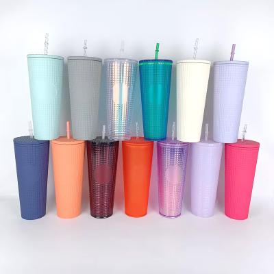 China American Style September Promotion ! 24oz Grid Tumbler with Straw and Lid Double Wall 710ml  Plastic Tumbler for sale