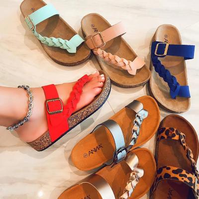 China Cushioning Double Leather Flip Flop Strap EVA Sole Cork Women Beach PU Buckle Sandals 2023 Slide Flat Sandals for sale