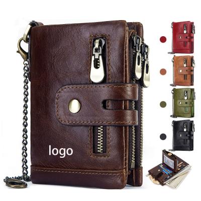 China Factory Wholesale Anti-theft Vintage Genuine Leather Double Zippers Wallet With Coin Purse Chains Men Detachable Bifold Wallet for sale