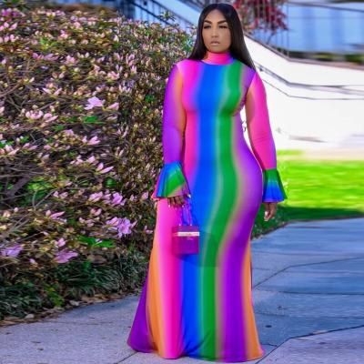 China 2021 Wholesale Anti-Static Hot Sale Style Rainbow Striped Party and Club Long Sleeve Elegant Maxi Dress Plus Size Dresses for sale