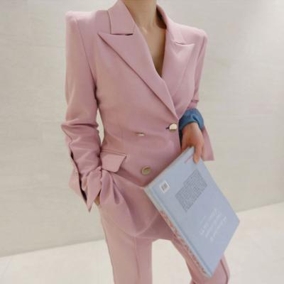 China Breathable Women Blue 2 Piece Casual Ready To Ship Fashion Double Breasted Suits for sale