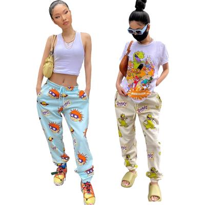 China 2021 New Arrival Viable Women Autumn Chic Design Fashion Joggers High Waist Drawstring Long Pants With Painted Streetwear for sale