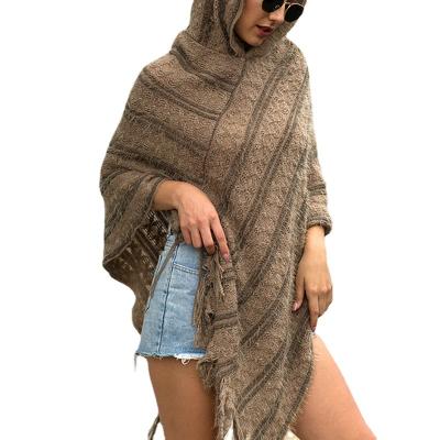 China 2021 Autumn Winter New QUICK DRY Women's Striped Shawl Women's Sweater Tassel Hooded Coat for sale