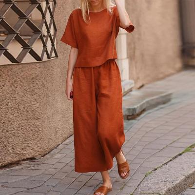 China 2021 Anti-wrinkle Women's Canvas 2 Piece Set Solid Color Homewear Loose Casual Two Piece Set for sale