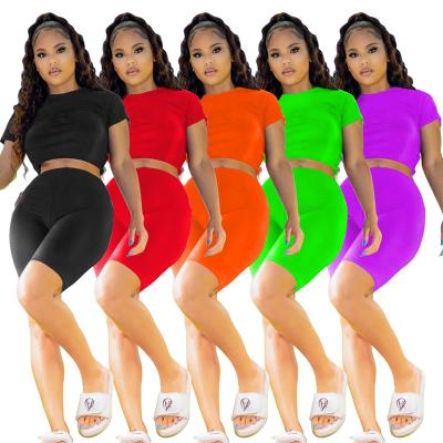 China Anti-wrinkle summer women's solid workout teams t-shirts and shorts sets 2 piece short pants set for sale