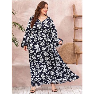 China Wholesale Middle Eastern Muslim Plus Size Flower Printed Arabic Dress 3XL-6XL Print Long Sleeve V-Neck Dress Muslim Chiffon Dress for sale