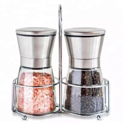 China Sustainable Glass Manual Stainless Steel Salt Pepper Mill Bottle / Ceramic Grinder Sets for sale