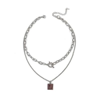 China FASHIONABLE Statement Women Square Silver Plating Layered Pendant Necklace OT Buckle Chain Link Necklace for sale