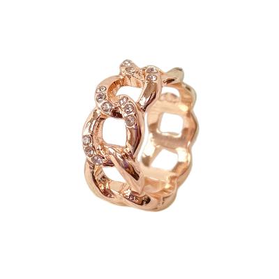 China Alloy Ring KITI High Quality Fashion Rose Gold Plated Hiphop Ewelry Ring Cuban Chain Women Diamond Ring for sale