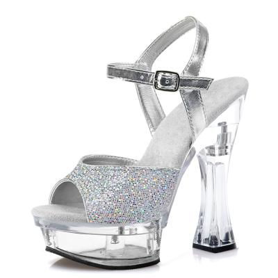 China CUSHIONING Elegant 14cm Heel Sequin Queen Thick Silver Banquet Party High Heels Club Permeable Platform Toe Sandals for sale