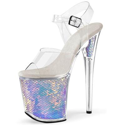 China NEW Big Bottom 20cm Sequin Banquet Pole Dance Permeable Toe High Heels Platform Party Women's Summer Sandals CUSHIONING for sale