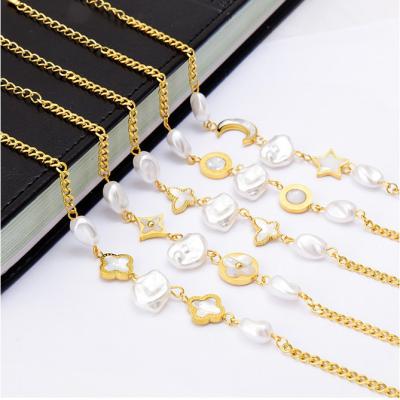 China Fashion Environmental Friendly Gold Plated Titanium Steel Irregular Female Shell White Pearl Bangle Bracelet for sale