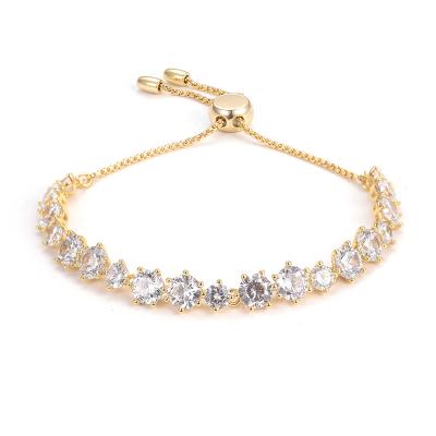 China Shiny Environmental Friendly Zircon Crystal Tennis Bracelet Women Temperament 14K Gold Plated Copper Adjustable Bracelet for sale