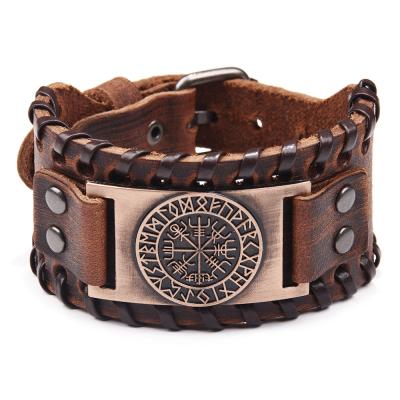 China Viking Compass Vegvisir Cuff Wide Genuine Leather Bracelet Metal Punk Adjustable Buckle Bracelet for sale