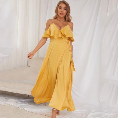 China Fashion Lady Party Club Dress Anti-static Yellow Short Sleeve A Line Off The Shoulder Cross Slit Ruffle Tie Bow Satin Strap Dresses for sale