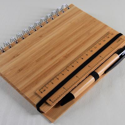 China Promotional Recycled Eco-friendly Wholesale Bamboo Cover Bamboo Notebook Hardcover School Notebooks Recycled Portable Notepad With Pen /ruler for sale