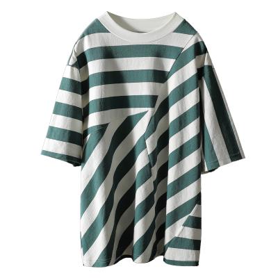 China Anti-Wrinkle Stock Men's And Women's Color Block T-shirt Casual Cotton High-end Short Sleeve Quilted Striped T-shirt 100% T-shirt Loose for sale