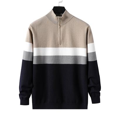 China Custom Anti-Shrinkage Stripes Contrast Color Mens Zipper Pullover Sweater Casual Cardigan Turtle Neck Heavy Sweater Plus Size Mens Sweaters for sale