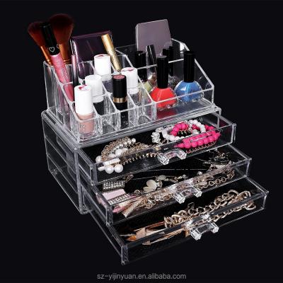 China Sustainable Acrylic Clear Make Up Organizer Cosmetic Box With Big 3 Drawers for sale