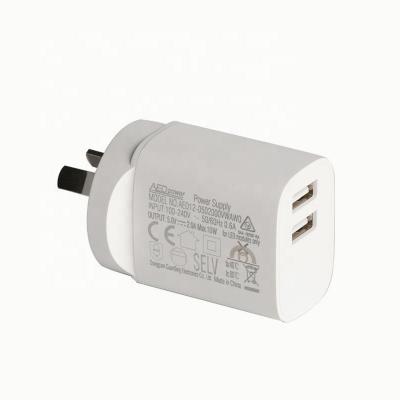 China SAA USB Dual Socket POWER Adapter USB Charger With LED Light With FCC CE Approved 5V 1A 2A 5W 6W 10W AED12-0501000VWAW0 for sale