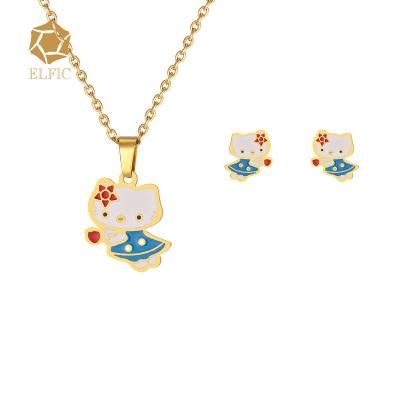 China Cute Cute Elfic Dubai Kids Jewelry Sets 18k Gold Plated Kate Cat Cartoon Jewelry Sets Necklace Earrings Women Girls Children for sale