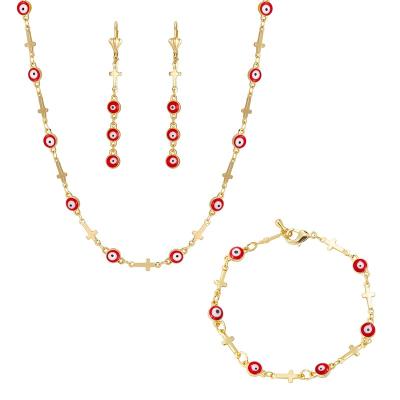 China Not Allergy Elfic Fashion Eye Necklace Bracelet Cross Earrings Jewelry Set Tricolor 14k Gold Plated Oro Laminado for sale