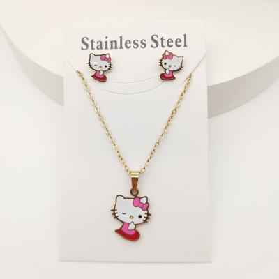 China Elfic Dubai Jewelry Kate Stainless Steel Cute Cat Necklace Earrings Set Cartoon Children's Jewelry Set For Girls Women for sale