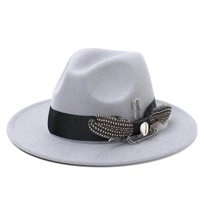 China Character New Arrival Wool Felt Fedora Hats Medium Brim Mens Fedora Hats With Black Ribbon, Feather, Shell, Pin Multiple Color With Plating for sale