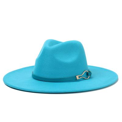 China KIA Casual Western Belt Buckle Solid Color Brim Felt Hats Church Wedding Fedorahats Vintage Wide Wool Fedora Hats For Women for sale