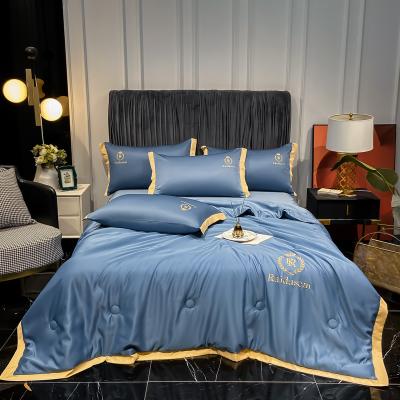 China Nondisposable hot sale 4pcs bedding set luxury silk bedding set blue color with 1 comforter 1 fitted sheet or flat sheet 2 pillowcases for sale