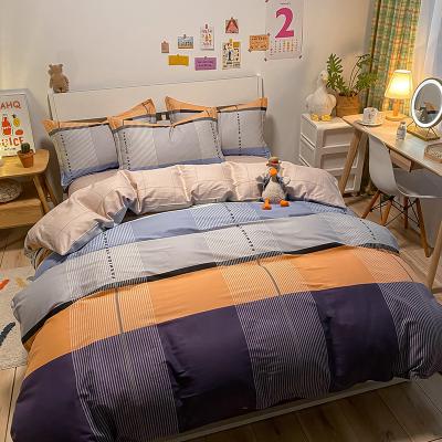 China New Fashion 100% Washed Cotton Anti-Static Bedding Set Custom Soft And Simple Plaid Style 4pc Bedding Set Large for sale