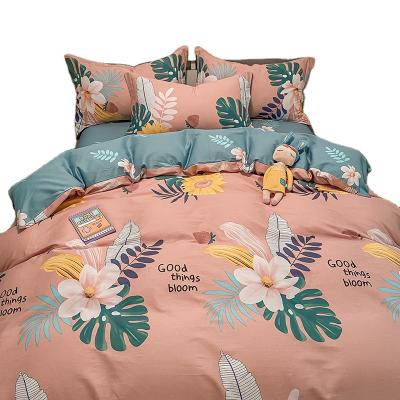 China Factory Price Anti-Static Flower Leaves Print Pattern 100% Cotton Bedding Set Custom Bedding Set King Size Pink Green for sale