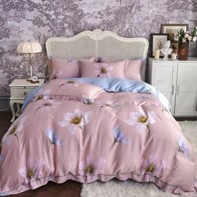 China Custom Anti Dust Mite Bed Sheet Bedding Set Washable 100% Pink 60s Tencel Lyocell Satin Bedding Set With Flower Pattern for sale