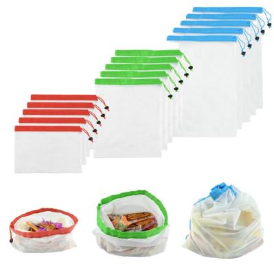 China Rope Handle Washable Reusable Rpet Mesh Produce Bags For Vegetable Recycled Grocery 20*30cm for sale