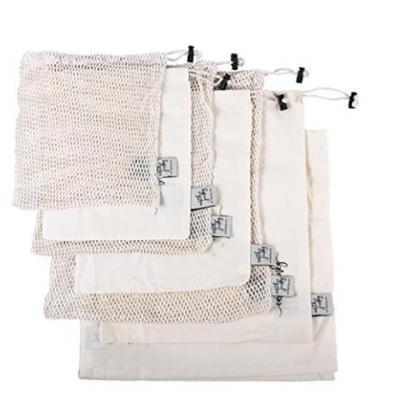 China Recyclable Reusable Bag 7 Pieces Set Organic Cotton 6 Drawstring Muslin And Mesh Product Bags for sale