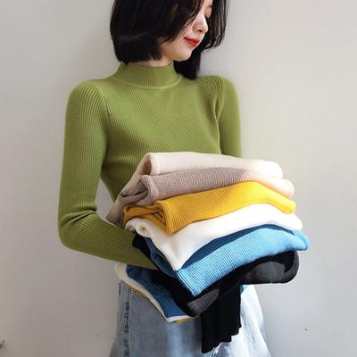 China Autumn And Winter New Green All-match Sweater Women's Retro Mid-collar Tight Faux Neck Viable Avocado Short Sweater Bottoming Shirt for sale