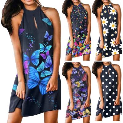 China Party Halter Sling Dovetail Print Check Round Neck Fashion Dress Summer Ladies Plus Size Dress for sale