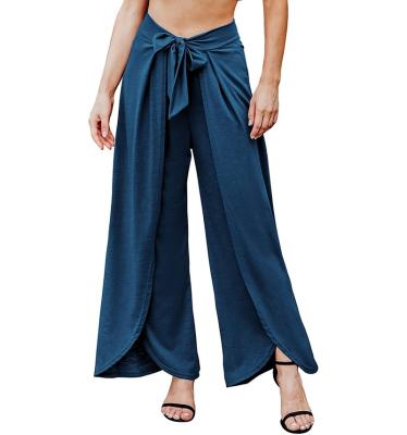 China 2022 Anti-Wrinkle Stylish Loose Pants Tie Waist Knitted Casual Wide Leg Women Wide Leg Pants Custom Long Plus Size Long Trousers for sale