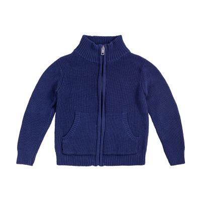 China Anti-shrink solid 100% cotton blue rib knit stand neck kids sweater with match color suede elbow patches for sale