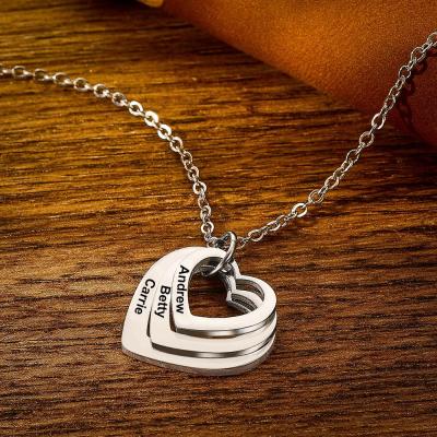 China Customized Jewelry Personalized Three Names Heart Shape Disc Necklace Women Stainless Steel Engraved Name Necklace For Birthday Gift for sale