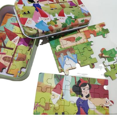 China Cartoon Toy Puzzles for kids in a white metal box snow and seven dwarfs wooden puzzle for kids ages 4-8 puzzles for kids for sale